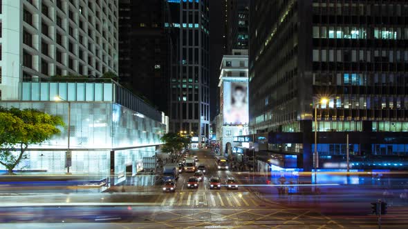 Busy Intersection in the Central District of Hong Kong in Rush Hour.