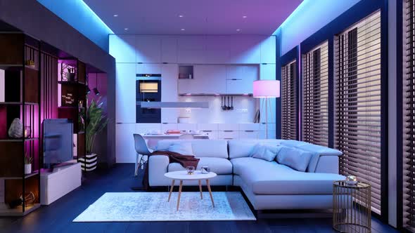 Modern Living Room And Open Plan Kitchen At Night With Neon Lights