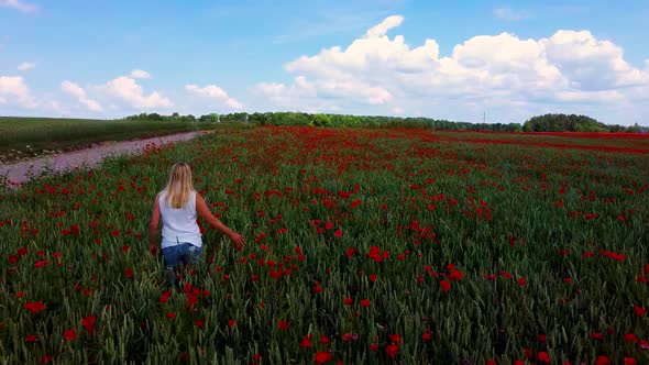 Young Blonde Woman  is Walking Through a Poppies Field Feeling Happy