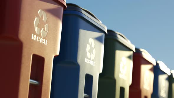 Colorful plastic garbage bins stacked in a row against a clear sky background.