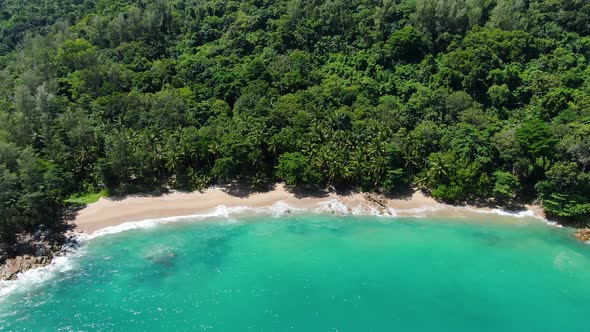 Drone shots flying bay island green mountains