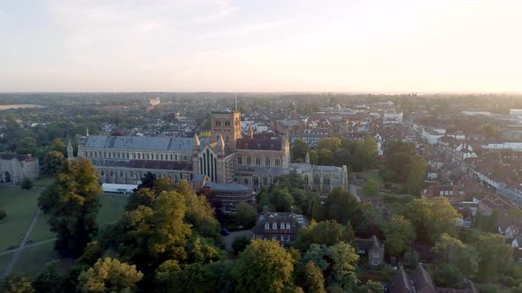Sunrise Aerial View of the City of St Albans and its Cathedral in England