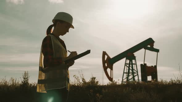 Silhouette Female Engineer Writing on Clipboard in Oil Field. Female Wearing White Helmet and Work