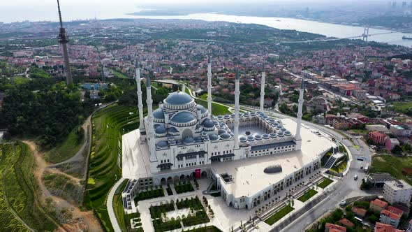 Aerial Drone View of Istanbul Camlica Mosque and Bosphorus.  11