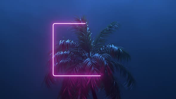 Retrowave Glowing Rectangle Frame Appears in the Tropical Palm Tree