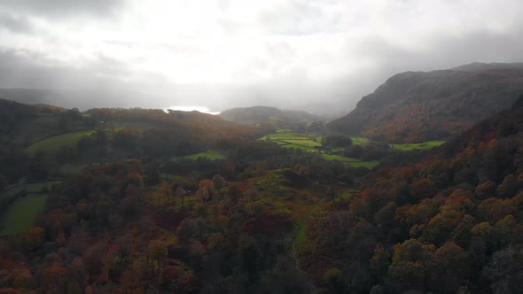 Aerial footage from Yew Tree Tarn in Cumbria heading towards Coniston Water over woodland in its aut