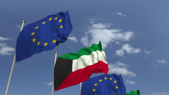 Flags of Kuwait and the European Union at International Meeting