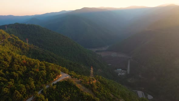 Aerial Panoramic Landscape of Mountains at Sunset