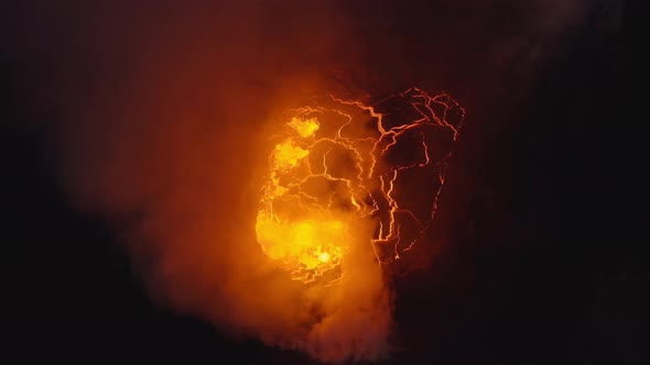 Drone Of Volcano Erupting With Smoke And Molten Lava