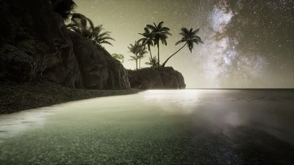 Beautiful Fantasy Tropical Beach with Milky Way Star in Night Skies alt