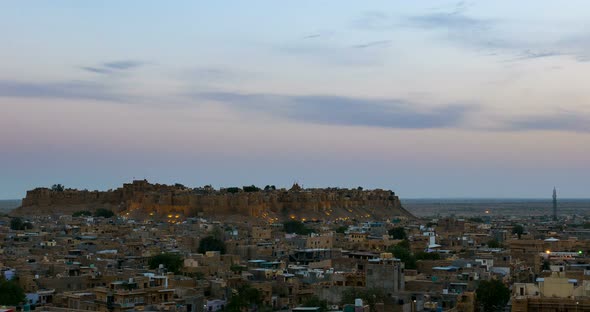 Jaisalmer cityscape, time lapse. The majestic fort dominating the desert city, Rajasthan, India