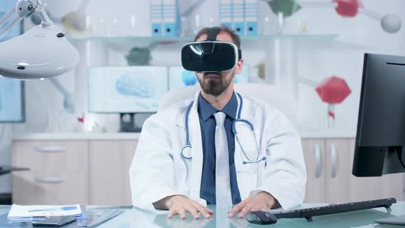 Caucasian Doctor Wearing a VR Headset in His Modern Office