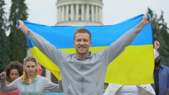 Happy Youth Raising Ukrainian Flag, Diaspora in Washington, Patriotic Nation