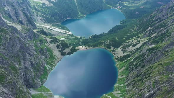 Aerial view of morske oko in High Tatras mountains in Slovakia