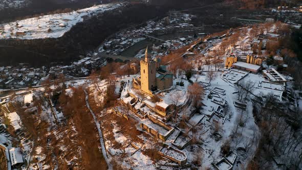 Aerial video above a hill with an old fortress