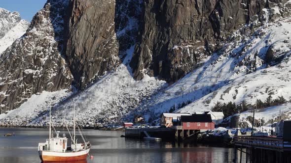 Norwegian Winter Landscape With The Multicolored Rorbu And Fishing Ships 42