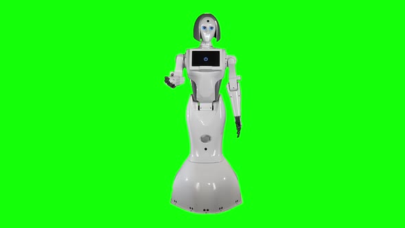 Robot a Hand Gesture Calls To Itself and Talks. Green Screen. Slow Motion