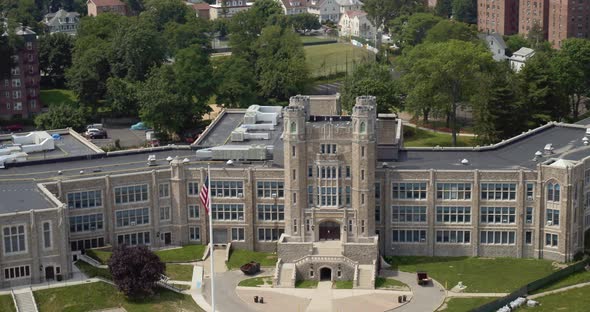 Aerial Panning Shot of a Gothic Style School Campus Building in New Rochelle