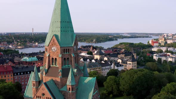 Stockholm, Sweden. Panoramic aerial flying drone view of Sofia church tower