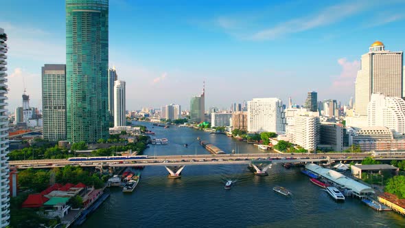 Aerial view over Bangkok city and Chao phraya river