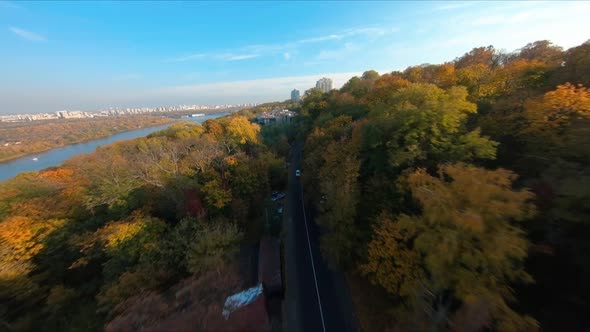 FPV Flight Over the Public Park on the Embankment of Kiev in the Autumn