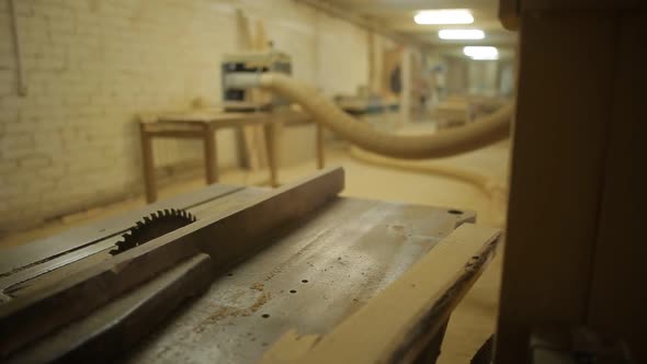 Circular Saw for Sawing Logs and Wood Inside the Sawmill, Wood Processing Workshop, Joinery Workshop