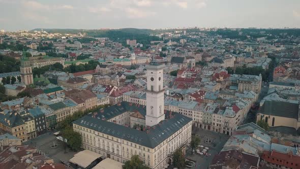 Aerial Drone Footage of European City Lviv, Ukraine. Flight Above Popular Ancient Part of Old Town