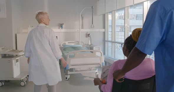 Doctor and Nurse Taking African Woman in Wheelchair to Hospital Ward