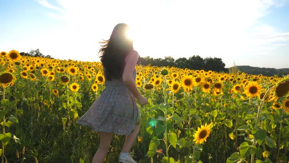 Happy Carefree Girl Running Through Sunflowers Field with Bright Sunlight at Background