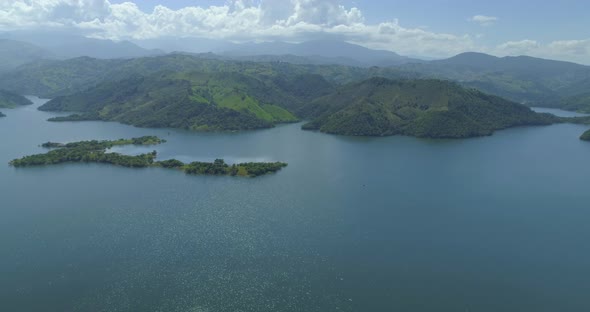 Aerial panoramic view of Mao river near Moncion dam. Dominican Republic
