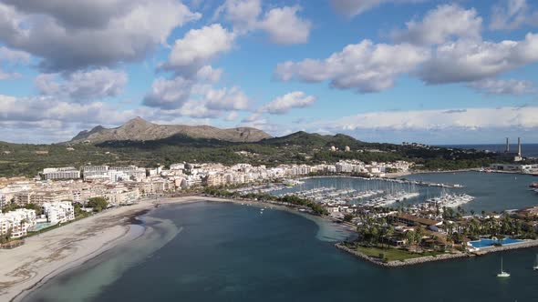 Aerial View of Port d'Alcudia in Mallorca with Mountain in the Background