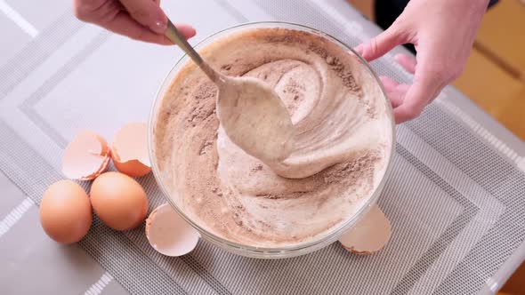 Adding Flour and Cocoa to Beaten Eggs  Making Dough for Baking