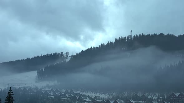 Typical Mountain Village Lost in the Middle of the Blanket of White Snow on a Cold Winter Day