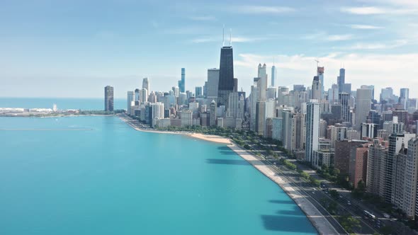 Cinematic Aerial Chicago Coastline with Beach Sunny Summer Day with Copy Space