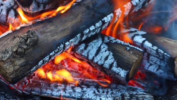 Closeup Burning of Wooden Logs with a Small Fire and Small Sparks and Glowing Coals Scattering