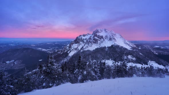 Winter Frozen Mountain Panorama Landscape in Slovakia Red Sky Before Sunrise