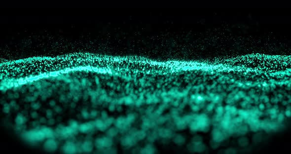 Waves of green particles moving against black background