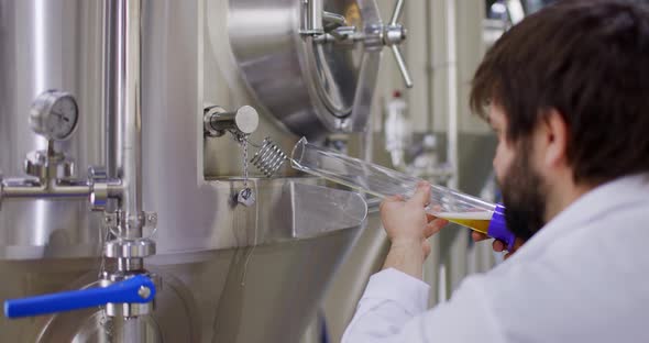 A Male Brewer Pours Beer From a Beer Tank Into a Glass for Tasting