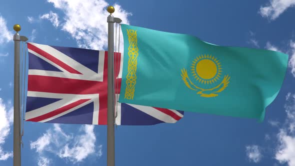 United Kingdom Flag Vs Kazakhstan Flag On Flagpole