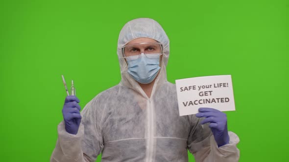 Doctor with Syringe Ampoule and Text Slogan on Paper Safe Your Life Get Vaccinated Coronavirus