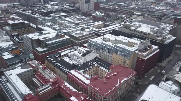 Wide smooth motion footage revealing charming old city of Stockholm, Sweden's capital.