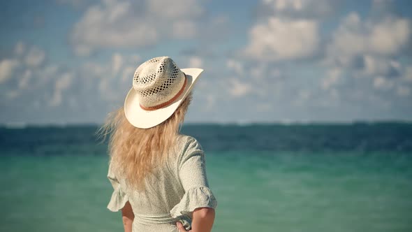 Leisure Happy Traveler Hot Sunny Day In Mexico Cancun. Water Caribbean Coast in Tulum Mexico.