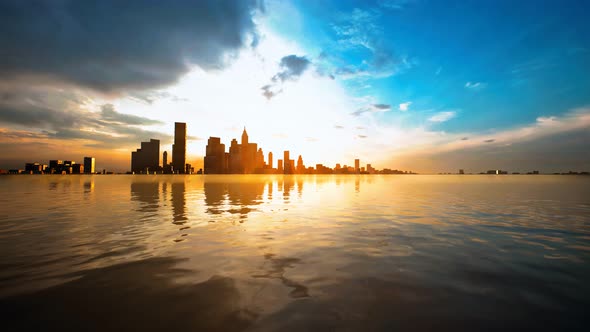 Skyline with Skyscrapers and Sea at Sunset