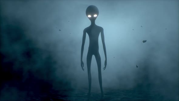 Scary Gray Alien Stands and Looks Blinking on a Dark Smoky Background. UFO Futuristic Concept. 3D alt