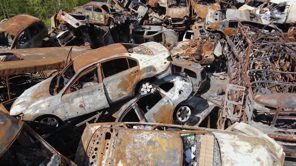 War in Ukraine a Dump of Shot and Burned Cars in the City of Irpen Near Kyiv