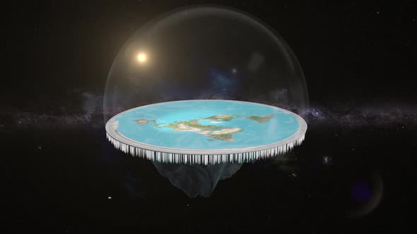 Animated flat Earth in cosmos. Overview of flat planet slowly rotating in space. Light grading