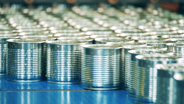 Batch of Tin Cans on the Factory Conveyor