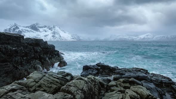 Norwegian Sea Waves on Rocky Coast of Lofoten Islands, Norway