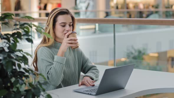 Caucasian Business Female Freelancer Student Designer Worker Sitting at Table in Cafe Office