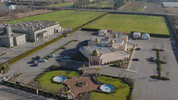 Gurdwara Nanak Niwas building, Indian Cultural Centre of Canada. Aerial drone view